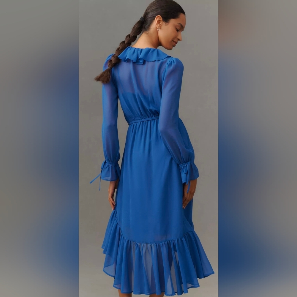 Anthropologie Ruffled Asymmetric Long Sleeve Blue Midi Dress - Picture 3 of 4